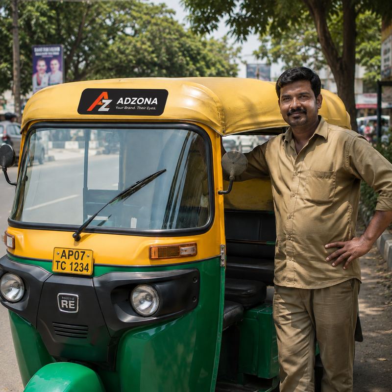 Adzona driver partner standing beside his branded auto-rickshaw