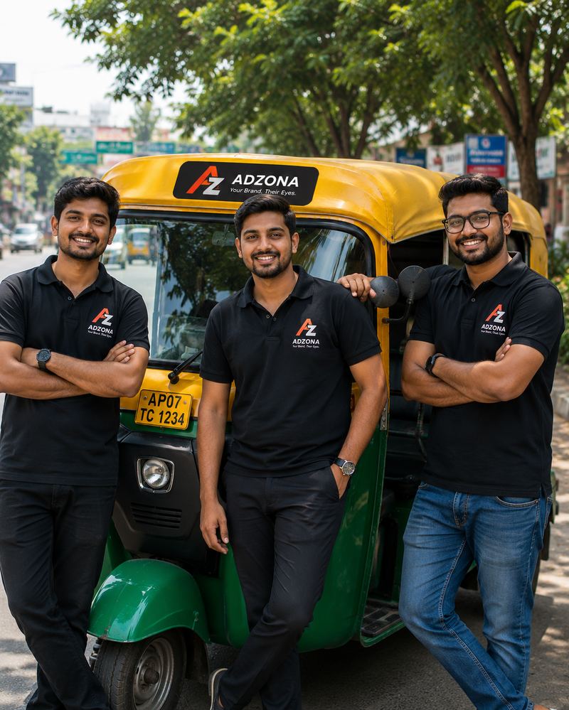 Adzona driver partners standing together beside their branded auto-rickshaw
