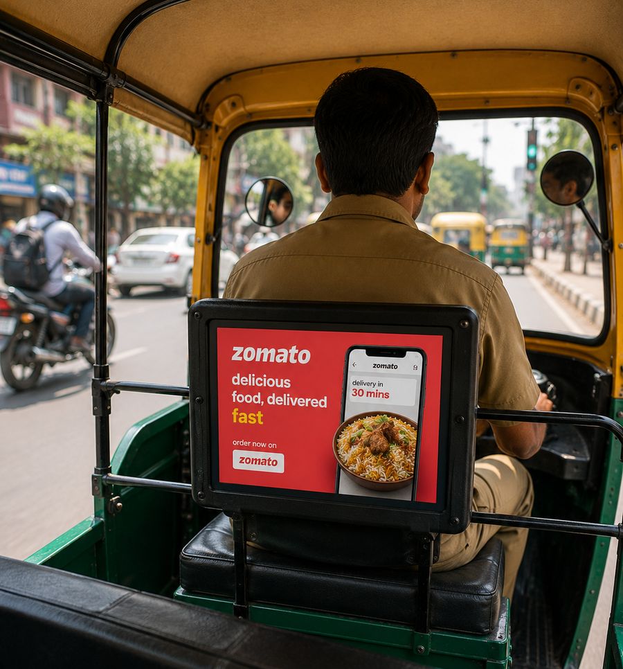Zomato ad displayed on an LED screen inside a Guntur auto-rickshaw